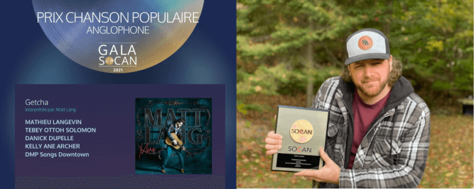 Matt Lang remporte un prix au Gala SOCAN 2021